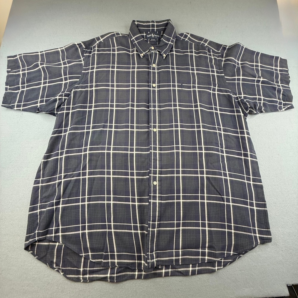 Ralph Lauren Blake Shirt Mens XXL Blue Green Plaid Short Sleeve Cotton Button Up